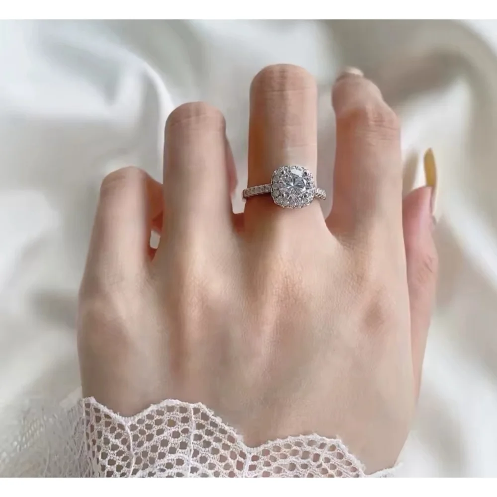 2 Ct Pave Halo Round Platinum Plated S925 Diamond Engagement‎ Ring, Size 8